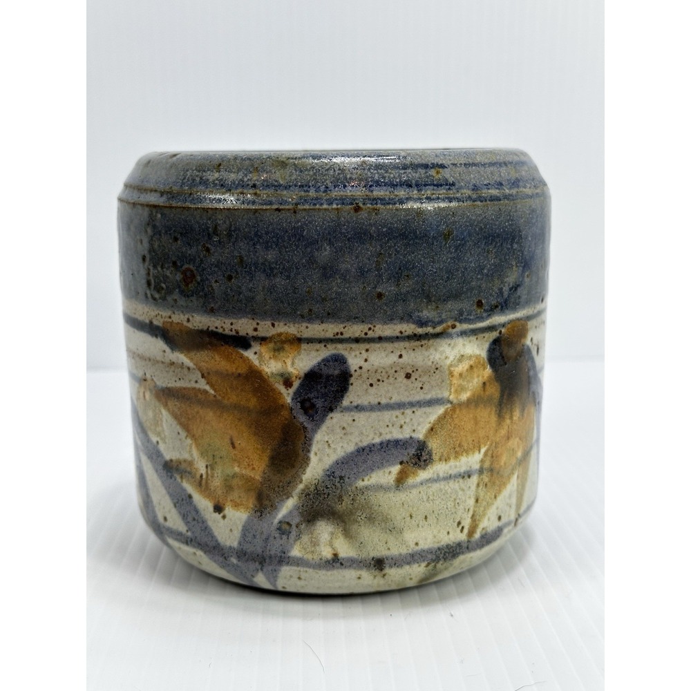 Vintage Art Studio Stoneware Pottery Vase Planter Pot‎ Blue Brown Flowers Signed